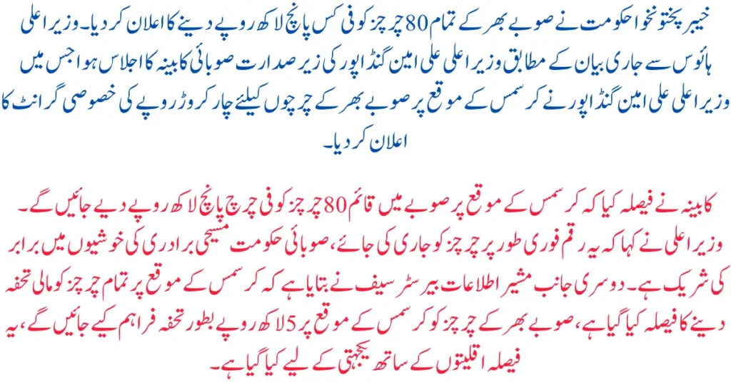 KP Govt Grants Rs 500,000 to Each of the 80 Churches Province-Wide