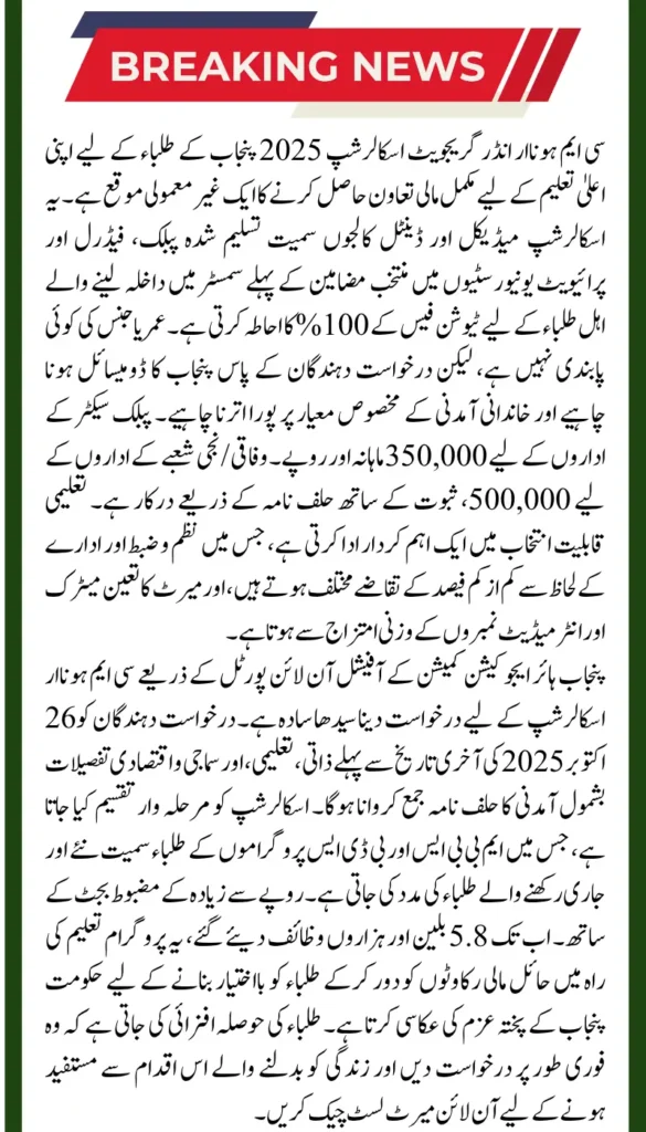 CM Honhaar Undergraduate Scholarship 2025 Apply Online Before End Date Now