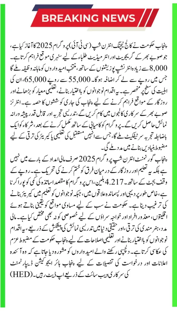 Punjab Government Internship Program: Earn 55,000 to 65,000 PKR Monthly Check Now
